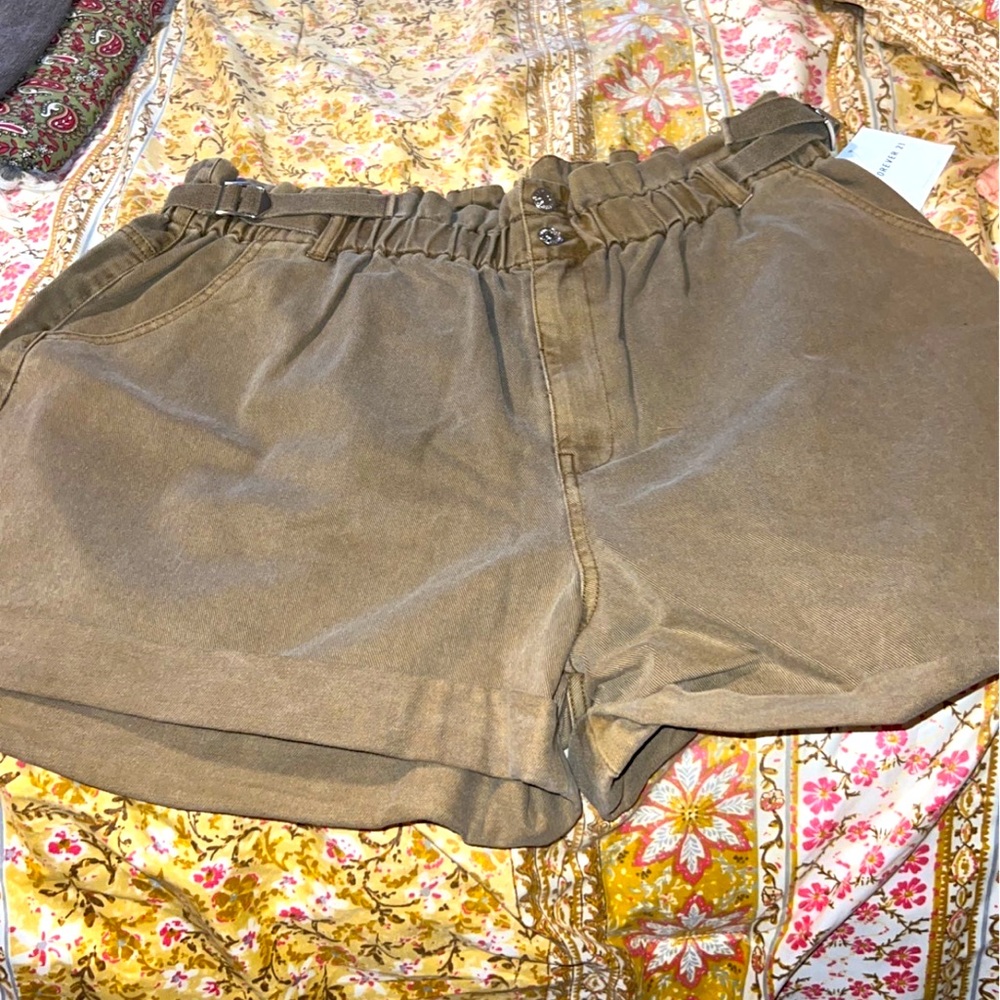 camouflage green denim shorts